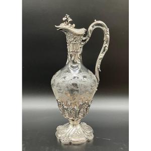 Aiguière En Cristal Gravé Et Argent Minerve