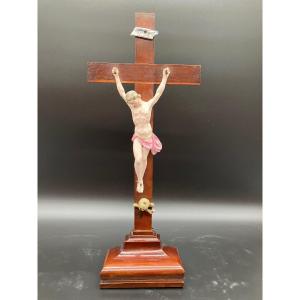 Christ En Faïence De L’est Croix En Prunier 19 Eme Saint Clement 