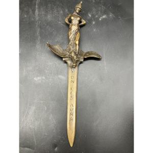 Eugène  Lelièvre Dague coupe papier patriotique Alsace  on les aura bronze art nouveau Alsacien