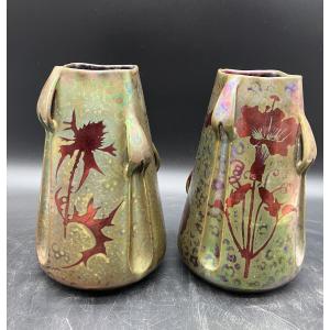 Montières Paire de vases art nouveau en faïence lustrée 