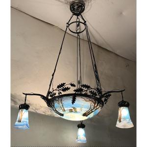 Muller Frères Luneville exceptionnel lustre paysage de neige ramasseuses de fagots 