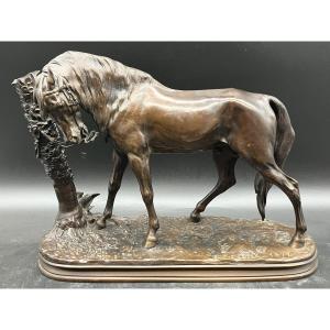 Pierre Jules Mène, Horse With Palm Tree, Height 28 Cm, Dated 1877, Bronze 