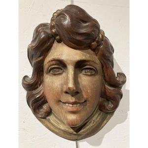 Tête de limonaire en bois polychrome Ornement art forain 