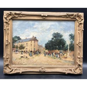 Georges Villain scène de village autour du calvaire tableau Huile sur panneau 