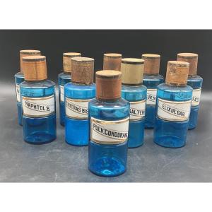 Set Of 10 Antique Tissier Blue Glass Apothecary Jars With Porcelain Labels