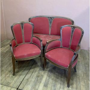 Salon art nouveau 2 fauteuils bergères + canapé Edouard Diot en acajou motif noisetier 