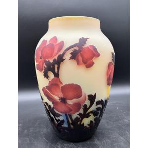 Muller frères Luneville Grand vase Anémones rouges 28,5 cm art nouveau