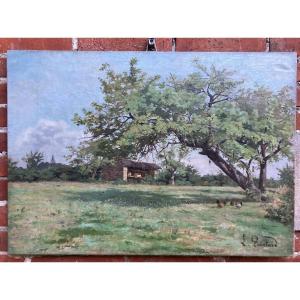 Lucien Quintard Lorraine Landscape With Hens 46 X 65 Cm
