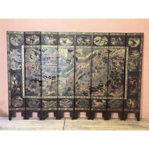Large 8-leaf Chinese Folding Screen W 254 Cm X H 170 Cm Gilded And Polychrome Lacquered Wood 19th Century