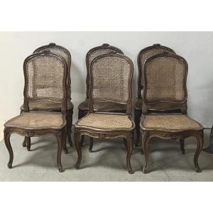 Set Of 6 Louis XV Period Chairs In Walnut With Wickerwork Dlg Nogaret