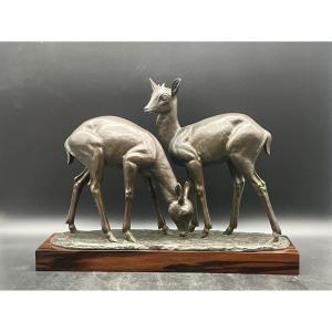 Irénée Rochard Bronze art déco deux biches sur socle ébène de Macassar