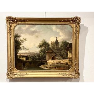 Tableau Ecole Suisse ou Allemande Epoque Romantique Paysage animé 19ème