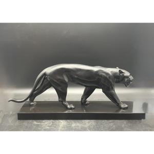 Max Le Verrier Panthère noire art déco sur socle marbre