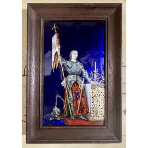 Limoges Enamel Painting Of Joan Of Arc, Small Framed Panel, 19th Century
