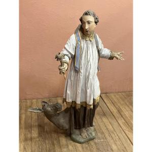 Saint Anthony Of Padua And The Miracle Of The Mule: Large 18th-century Wooden Statue, 131 Cm