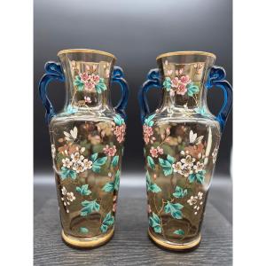 Paire de vases émaillés fleurs et abeilles dlg Legrasn art nouveau