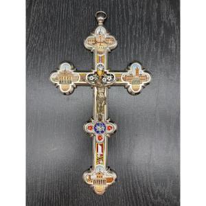 Large Crucifix Made Of Micro-mosaic And Silver-plated Bronze, Rome, 19th Century, Italy, Christ Souvenir