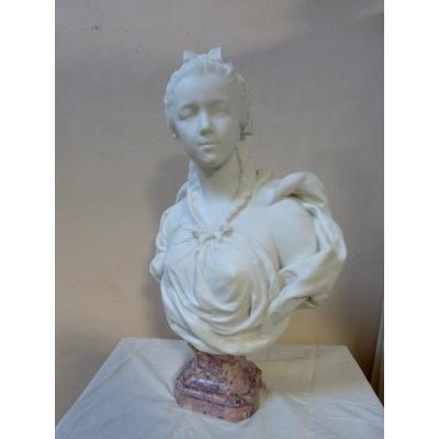 René Rozet: Bust Of Young Girl In White Marble 85 Cm