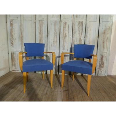 Pair Of Bridge Armchairs In Beech And Blue Fabric 1950s