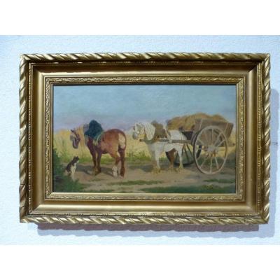 Théodore Fort, Chevaux  Au Travail De Moisson, 34 X 49.5 Cm