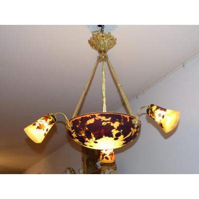 Müller Frères Lunéville Art Nouveau Chandelier Engraved With Plane Tree