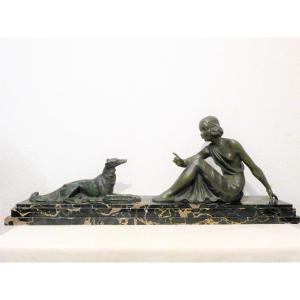 A. Godard Sculpture Art Déco Femme Au Lévrier Ed Reveyrolis 