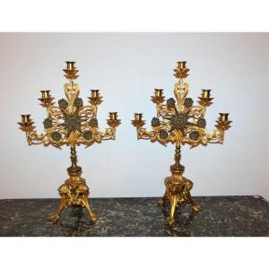 Pair Of Candelabra With 5 Branches Napoleon III, Gilt Bronze