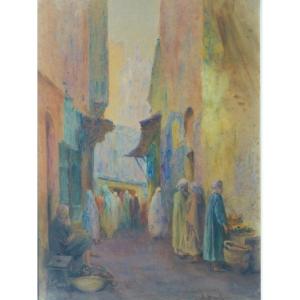 Alphonse Birck Watercolor Orientalist Market Scene