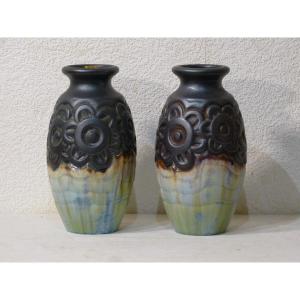 Grès Mougin Nancy And André Legrand Pair Of Art Deco Dahlia Vases