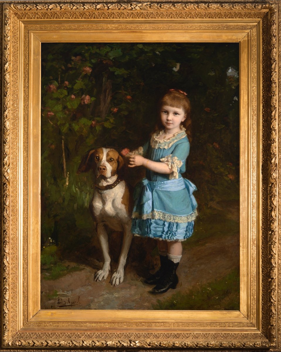 Edouard d'Apvril (1843-1928). Portrait De Mademoiselle Chatrousse En Compagnie De Son épagneul-photo-2
