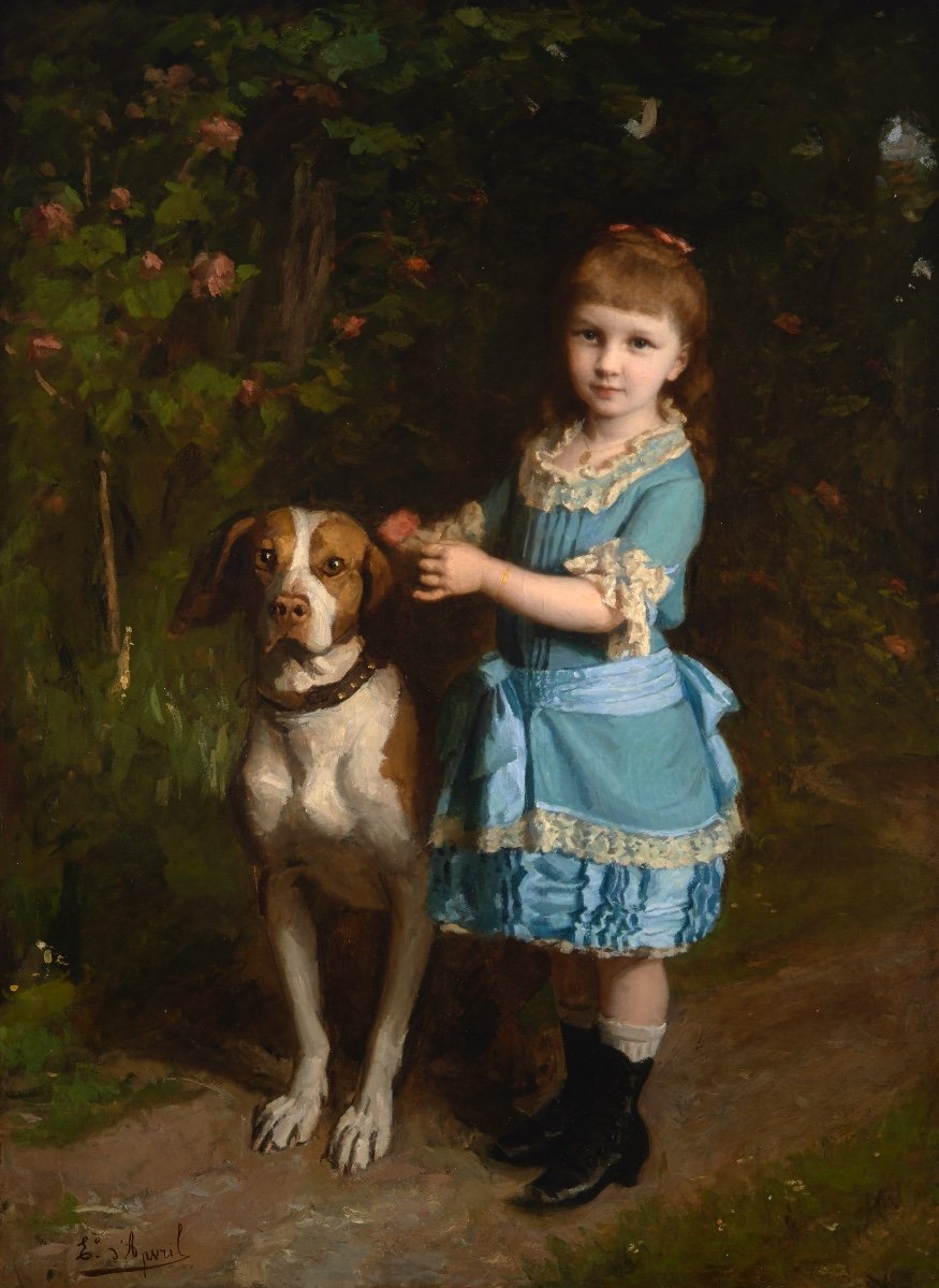 Edouard d'Avril (1843-1928). Portrait Of Mademoiselle Chatrousse In The Company Of Her Spaniel