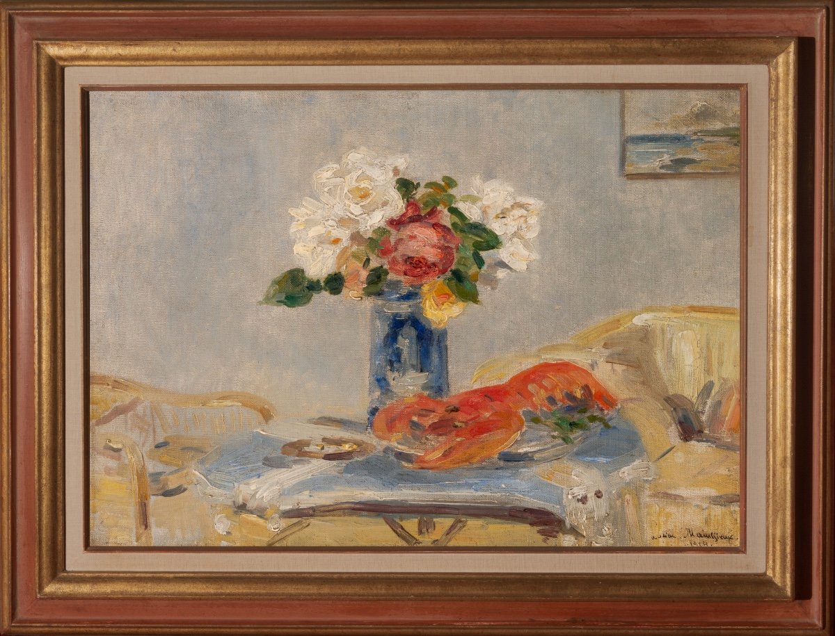 Lucien Mainssieux (1885-1958). Vase de roses et homard-photo-2