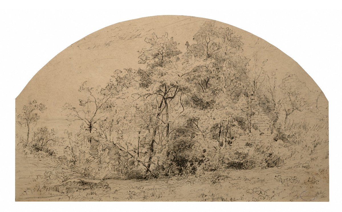 Jean-alexis Achard (1807-1884). Trees And Shrubs Near A Pond