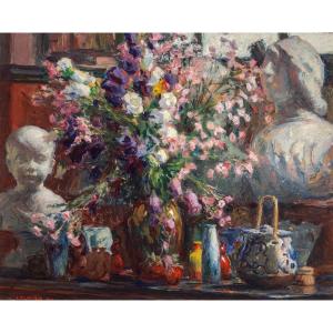 Jules Flandrin (1871-1947). Composition aux fleurs et poterie 