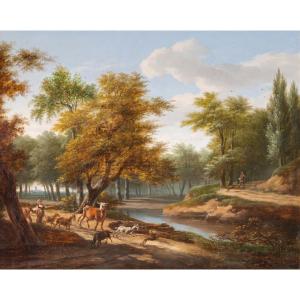 Frans Swagers (1756-1836). Paysage aux bergers et leur troupeau devant une rivière