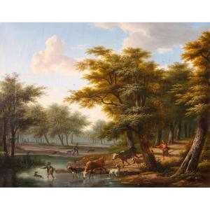 Frans Swagers (1756-1836). Paysage aux bergers et leur troupeau traversant une rivière
