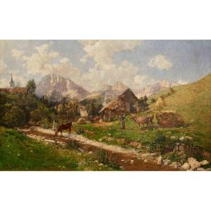 Adrien Jourdeuil (1849-1907). Vue de Gresse-en-Vercors, le Grand-Veymont et Rocherousse