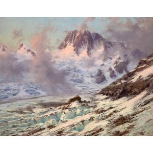 Charles Bertier (1860-1924). Les Bans And Pilatte Glacier At Dawn. La Bérarde (oisans)