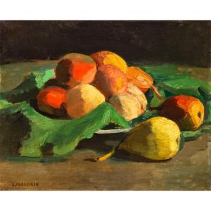 Jules Flandrin (1871-1947). Nature morte à la coupe de poires