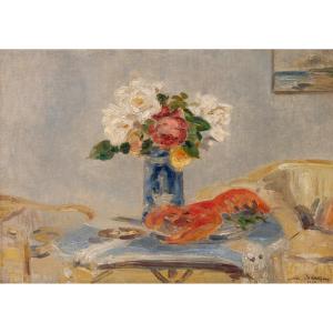 Lucien Mainssieux (1885-1958). Vase de roses et homard