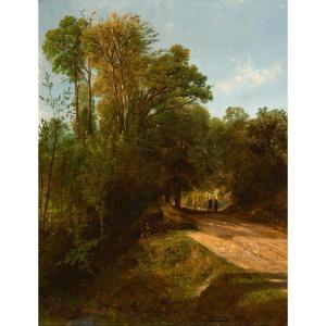 Théodore Ravanat (1812-1883). Promeneurs sur un chemin en sous-bois