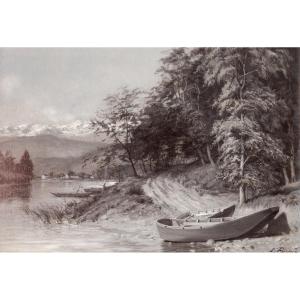 Ernest Hareux (1805-1897). Les bras de l'Isère aux environs de Gière. La Chaîne de Belledonne