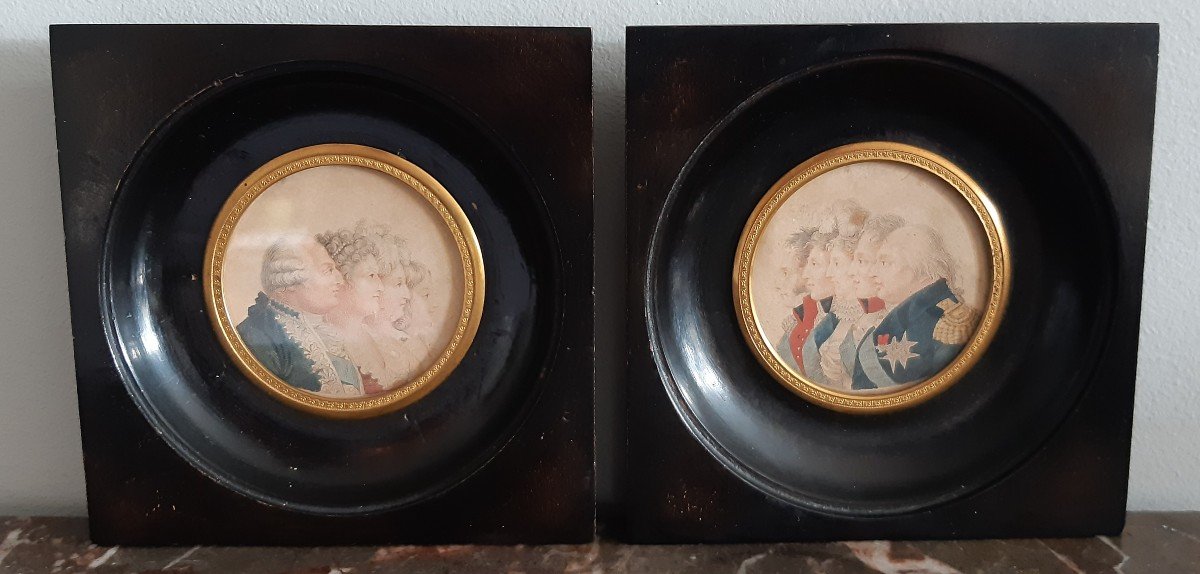 Bosselman - paire de gravures miniatures - souvenirs Royalistes - Louis XVI, Louis XVIII et leurs familles-photo-2