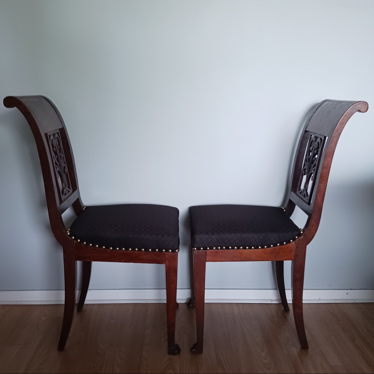 Attribué à Demay - paire de chaises en acajou et placage - dossiers ajourés - tissu Lelièvre-photo-2