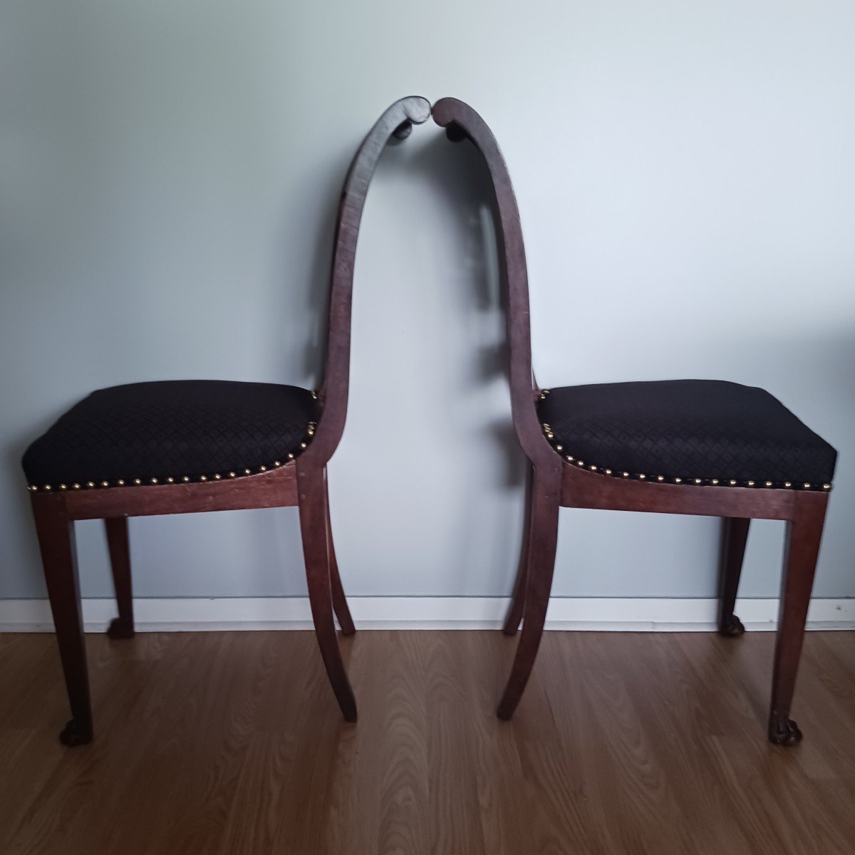 Attribué à Demay - paire de chaises en acajou et placage - dossiers ajourés - tissu Lelièvre-photo-3