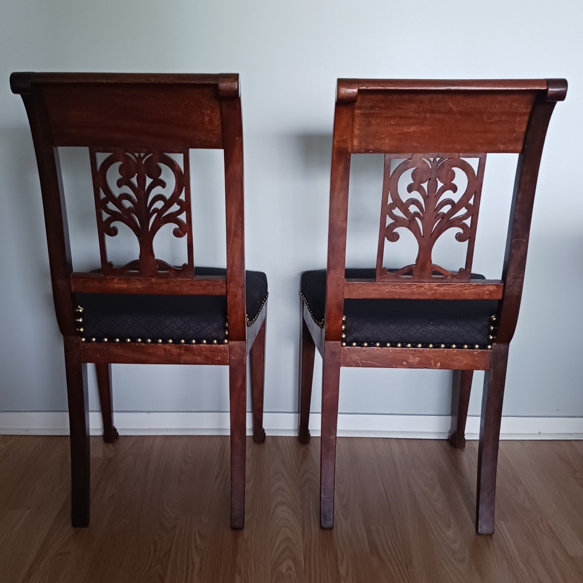 Attribué à Demay - paire de chaises en acajou et placage - dossiers ajourés - tissu Lelièvre-photo-4