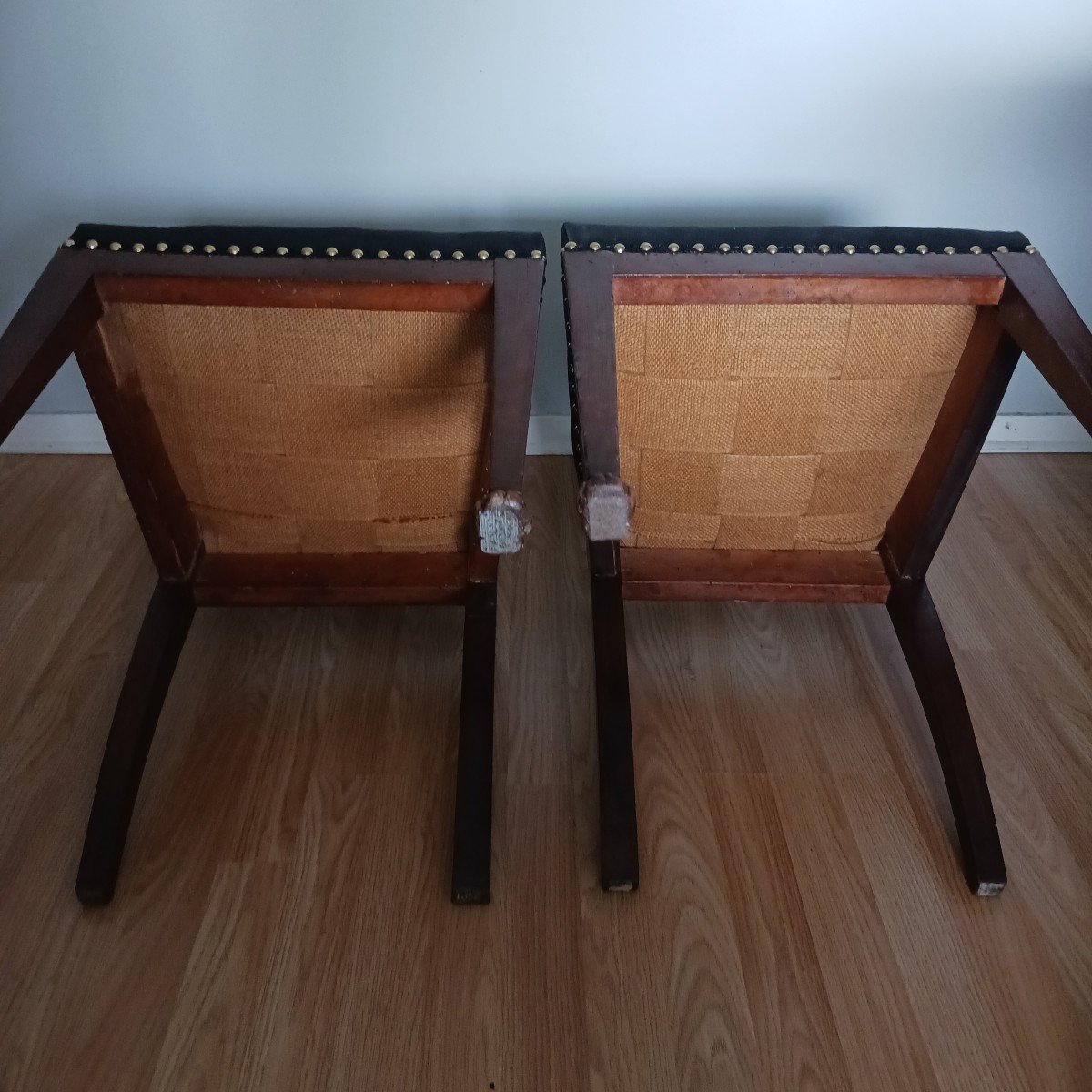 Attribué à Demay - paire de chaises en acajou et placage - dossiers ajourés - tissu Lelièvre-photo-2