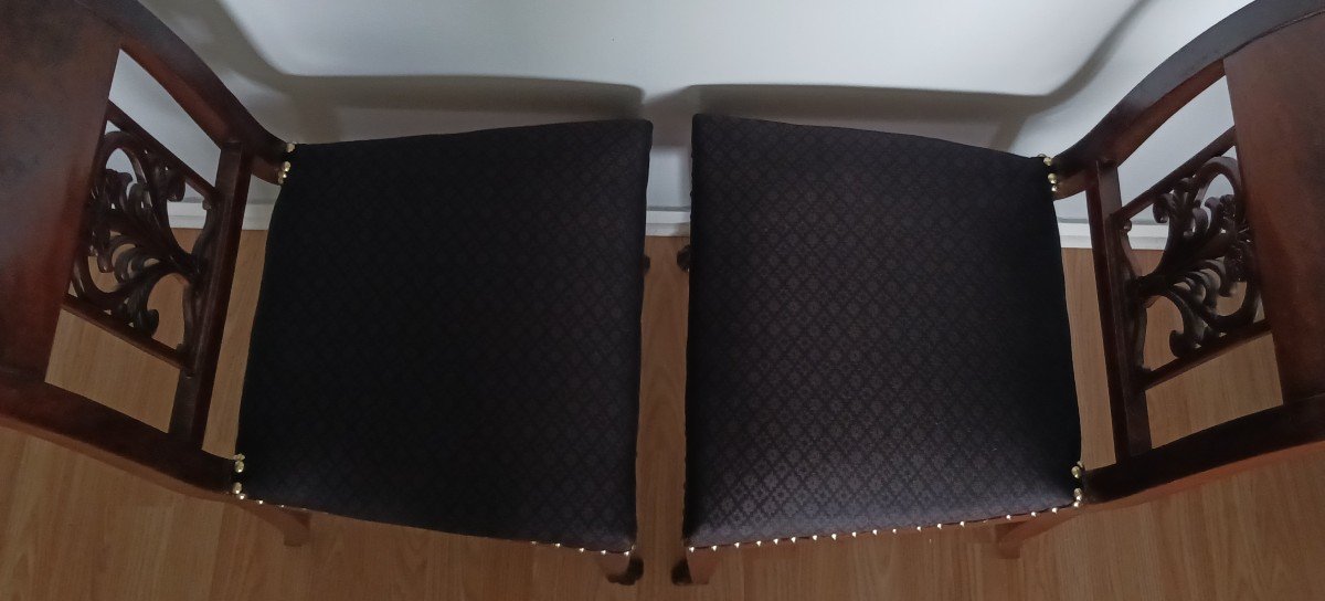 Attribué à Demay - paire de chaises en acajou et placage - dossiers ajourés - tissu Lelièvre-photo-3