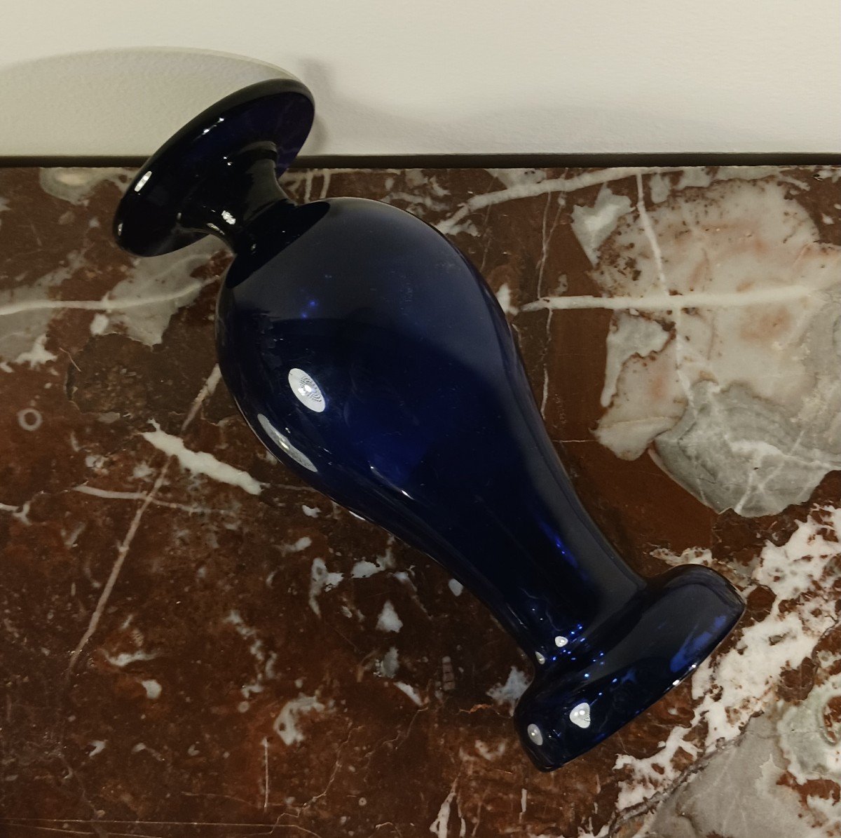 Fin Du XVIIIe Siècle - Vase Balustre Sur Piédouche Louis XVI - Verre Bleu Soufflé -photo-2