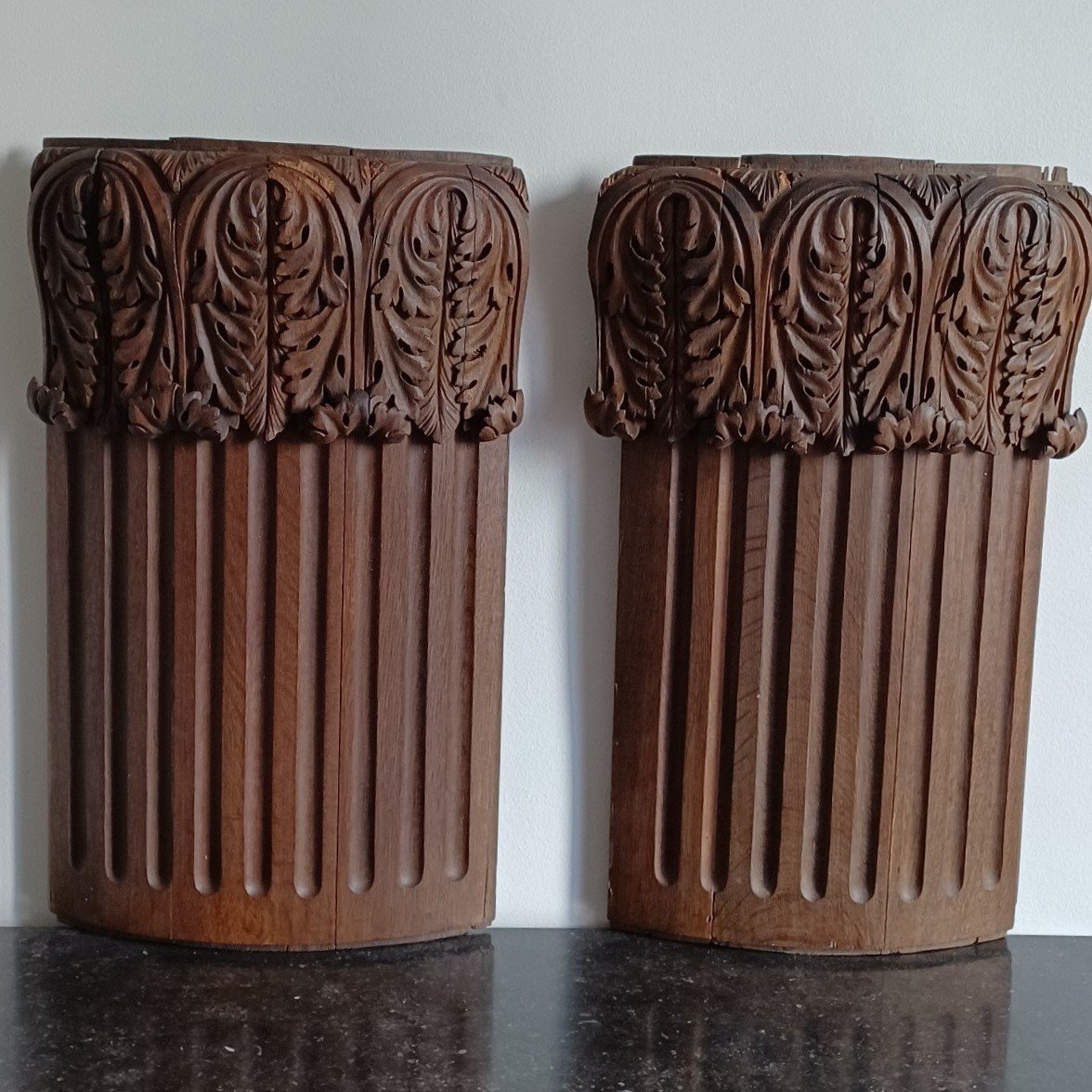 Paire de grands chapiteaux de pilastres - boiserie - chêne naturel - Louis XVI-photo-4